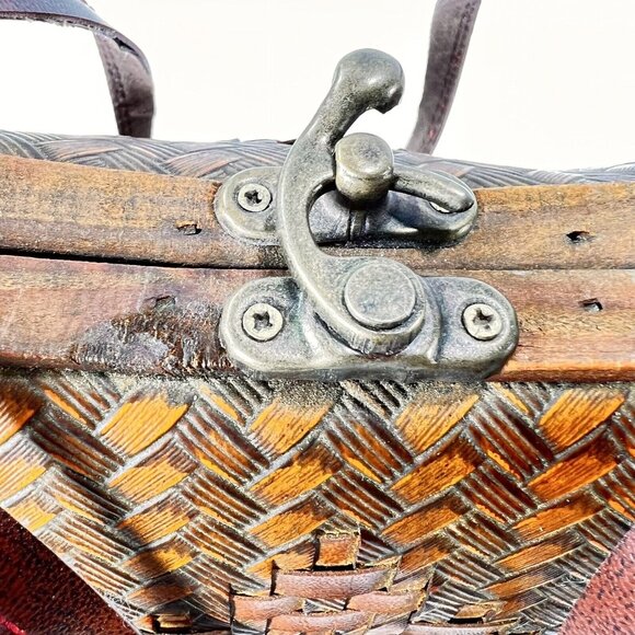 Vintage Wooden & Woven Leather Handbag Purse Brass Latch Hinges Straps - Picture 16 of 16